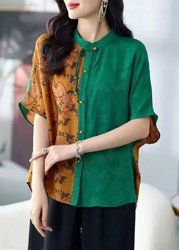 Chic Colorblock Stand Collar Tasseled Print Patchwork Silk Shirts Tops Summer