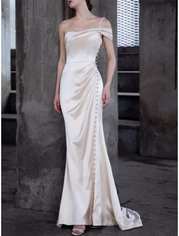 Vintage Casual Wedding Dresses Sheath / Column One Shoulder Cap Sleeve Sweep / Brush Train Satin Bridal Gowns With Ruched