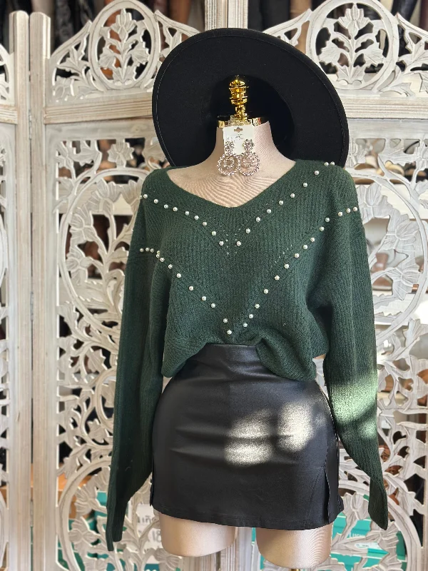 Dark Green Pearl Knit Sweater