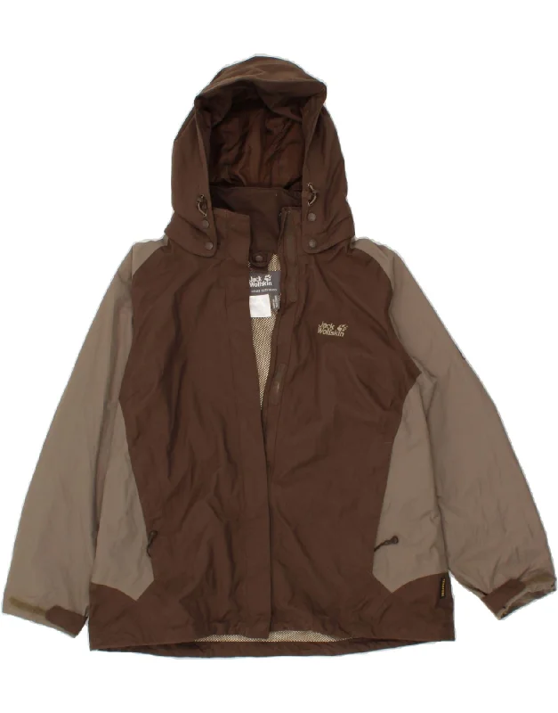 JACK WOLFSKIN Womens Hooded Rain Jacket UK 16 Large Brown Colourblock