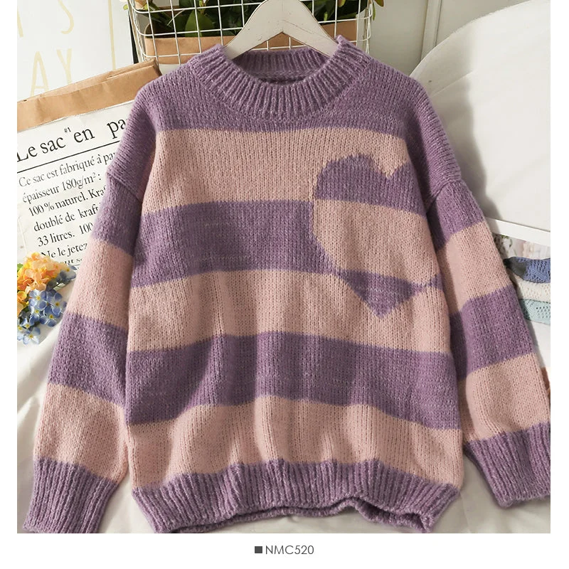 Sweet wind loose medium length heart print Pullover women's sweater  2079