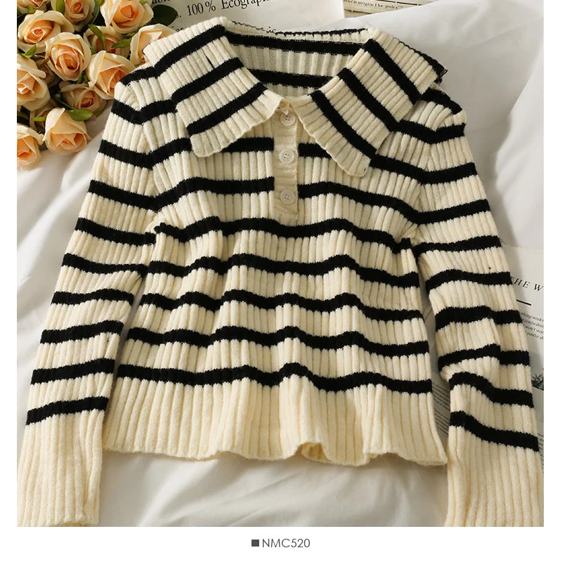 Korean stripe slim slim Lapel long sleeve sweater for women  2065