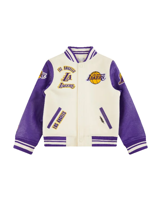 NBA LOS ANGELES LAKERS RETRO CLASSIC BIG BOYS RIB WOOL VARSITY JACKET (EGGSHELL/ PURPLE)