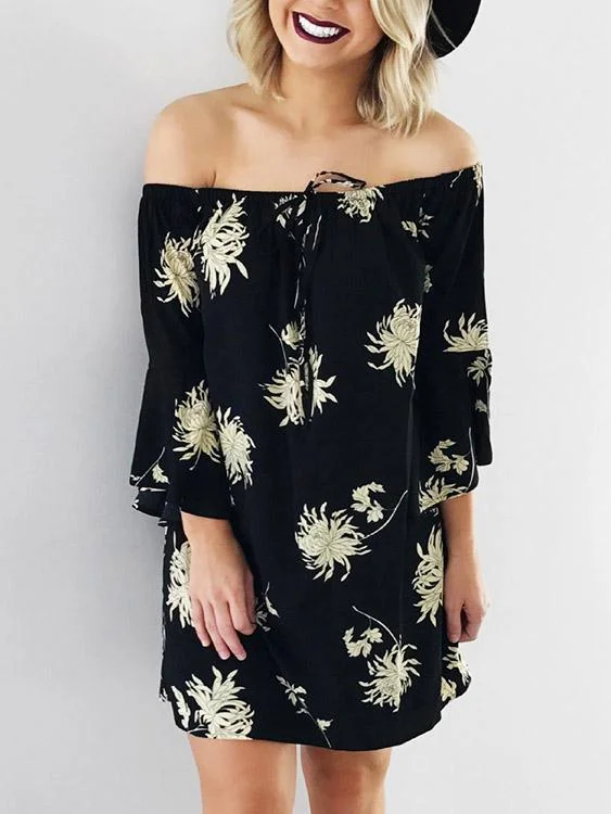 Wholesale Black Off The Shoulder 3/4 Length Sleeve Floral Print Fashion Mini Dress