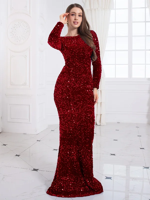 Sixsr Contrast Sequin Mermaid Hem Dress, Elegant Long Sleeve Evening Party Dress, Women's Clothing