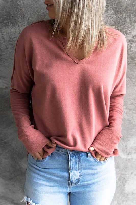 Casual Solid Split Joint V Neck Tops