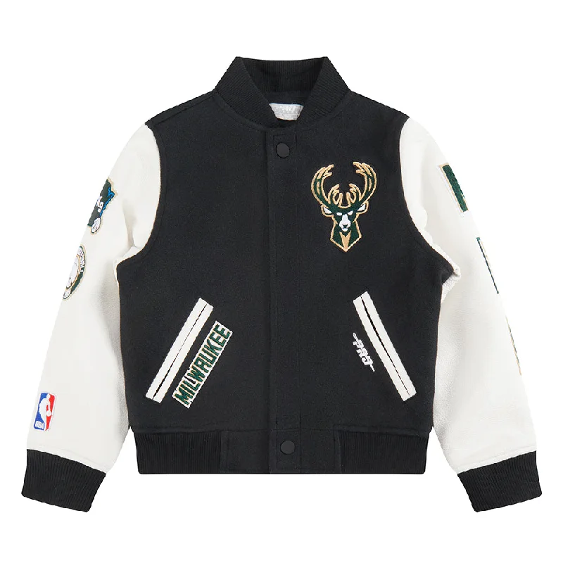 NBA MILWAUKEE BUCKS CLASSIC LITTLE BOYS WOOL VARSITY JACKET (BLACK/WHITE)