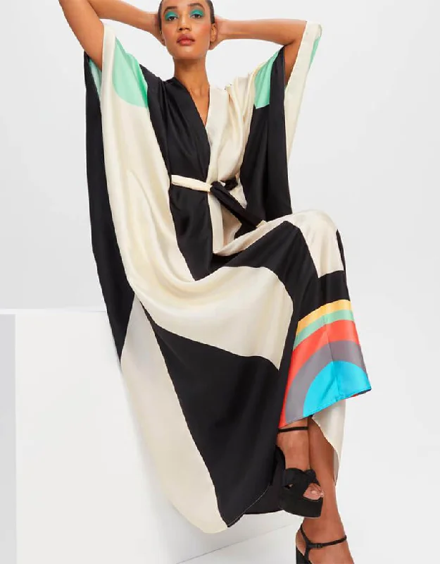 Beige And Black Fancy Soft Satin Silk Kaftan