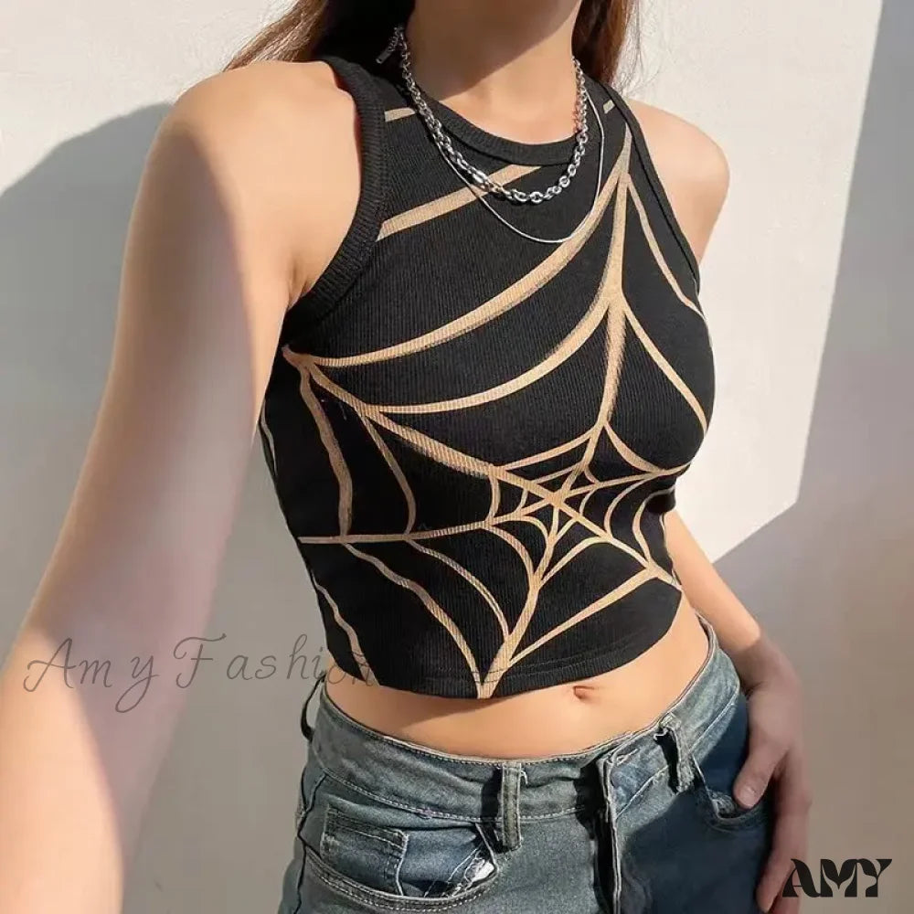 Graphic Web Spider Crop Grunge Top Gothic Dark