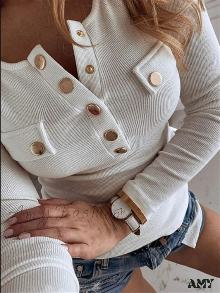 Amy Fashion - Long Sleeved Casual Button T-shirt