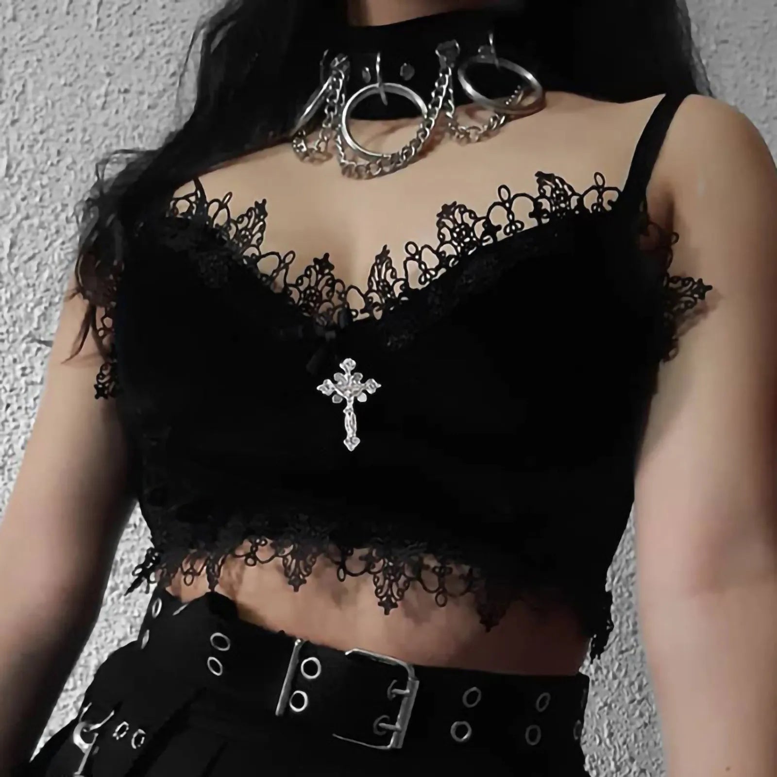 Gothic Lace Bandage Crop Sleeveless Velvet Top