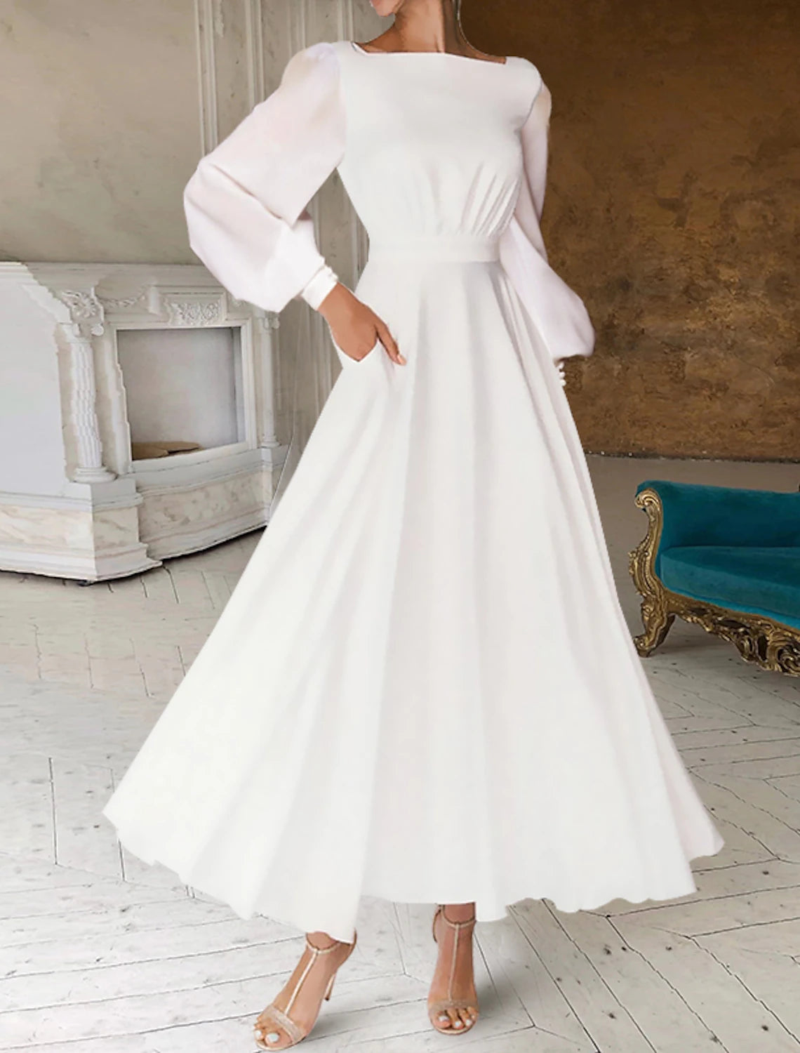 Bridal Shower Little White Dresses Casual Wedding Dresses A-Line Scoop Neck Long Sleeve Ankle Length Chiffon Bridal Gowns