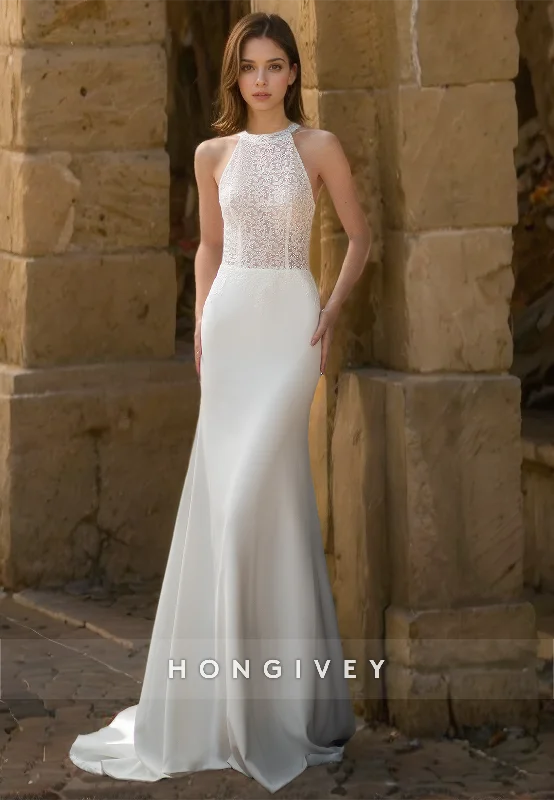 Elegant & Luxurious High Neck Sleeveless Appliques Detachable With Overlay Boho/Beach Wedding Dress