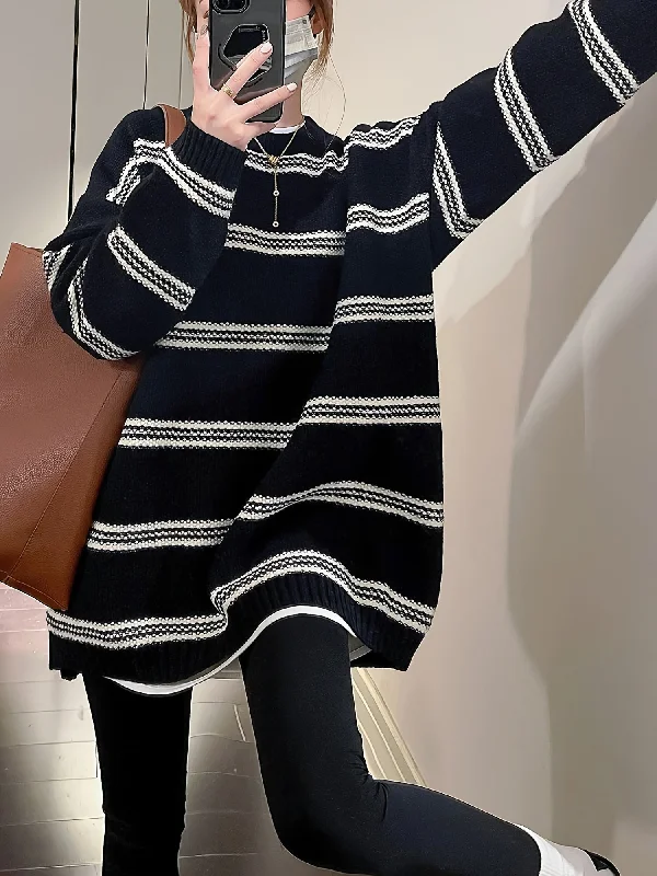 Sixsr Striped Crew Neck Pullover Sweater, Vintage Long Sleeve Oversized Slouchy Sweater, Women's Clothing