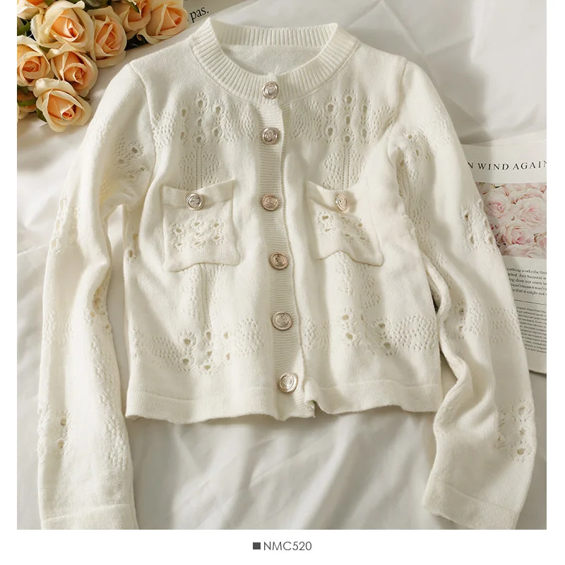 Sweater female hollow out Crochet pocket design top Korean single sweater  2059