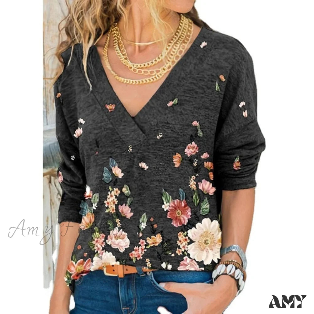 Amy Fashion - V-neck Flower Print Long-sleeved T-shirt