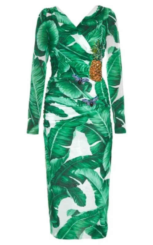 Banana Leaf-print Embellished Dress