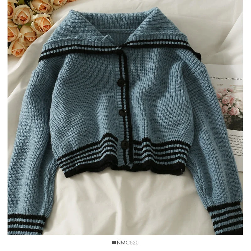 Korean stripe large lapel single breasted short cardigan sweater  2051