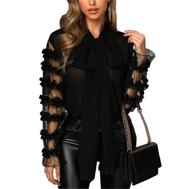 Julia Fashion - Women Elegant Fashion Black Patchwork sheer Shirts