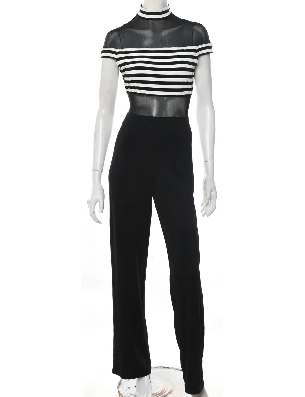 Striped Black & White Sheer Detail 1990s Jumpsuit - S