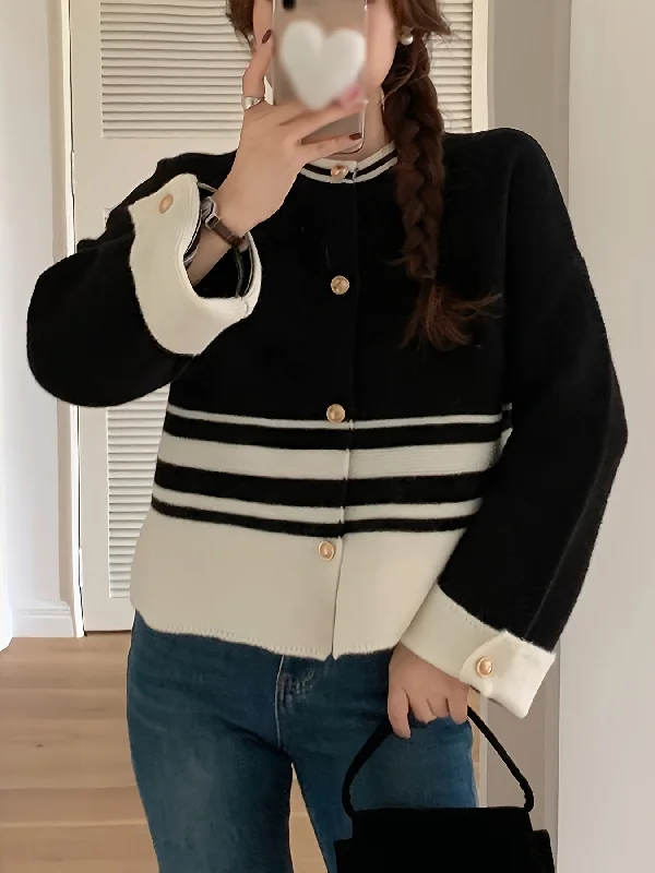 Sixsr Striped Pattern Single Breasted Cardigan, Vintage Long Sleeve Knit Outwear For Fall & Winter, Women's Clothing