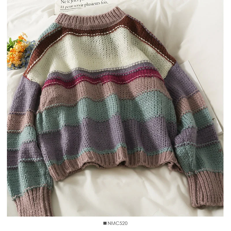 Elegant color contrast stripe round neck long sleeve Pullover Sweater women  2071