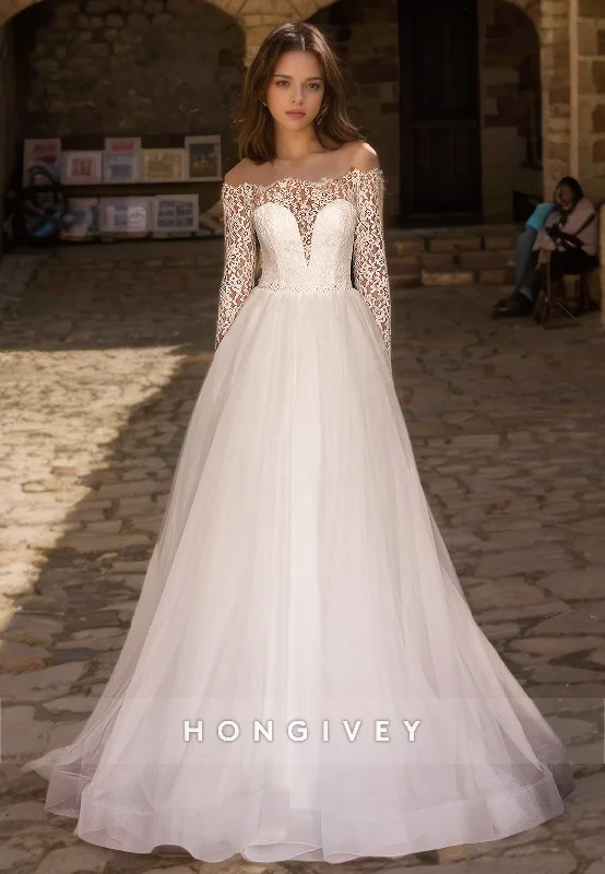 Elegant & Luxurious Strapless Lace Long Sleeves Empire A-Line Wedding Dress