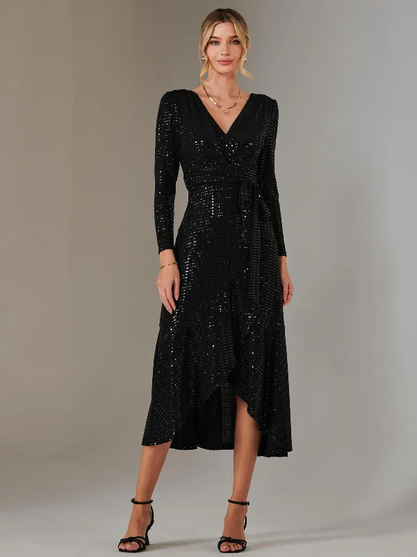 Long Sleeve Metallic Spot Maxi Dress, Black