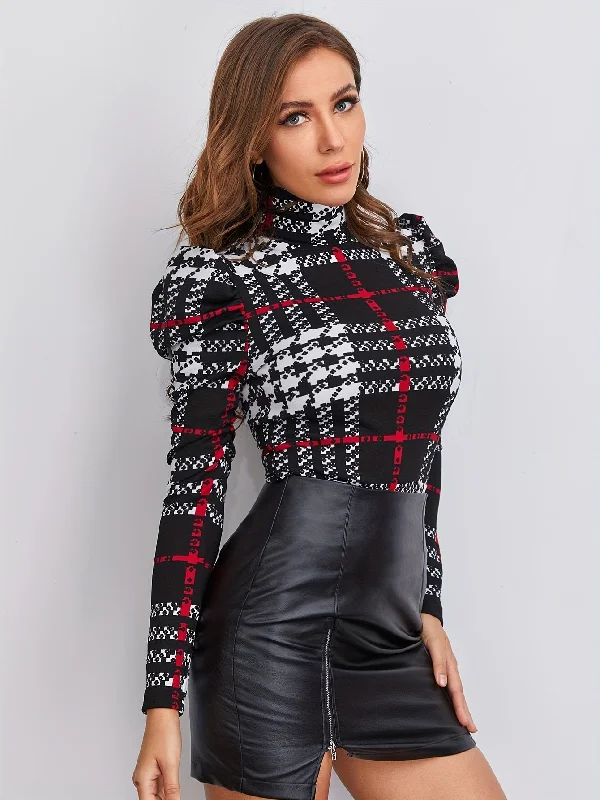 Sixsr Plaid Print Turtleneck Top, Versatile Puff Sleeve Slim Top For Spring & Fall, Women's Clothing