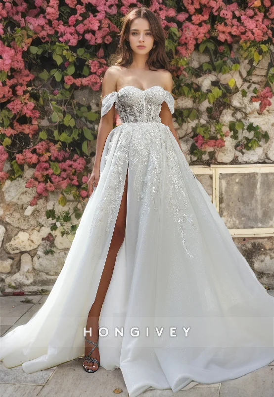 Sexy Off-Shoulder Appliques Floral Embellished Empire With Train Wedding Dress