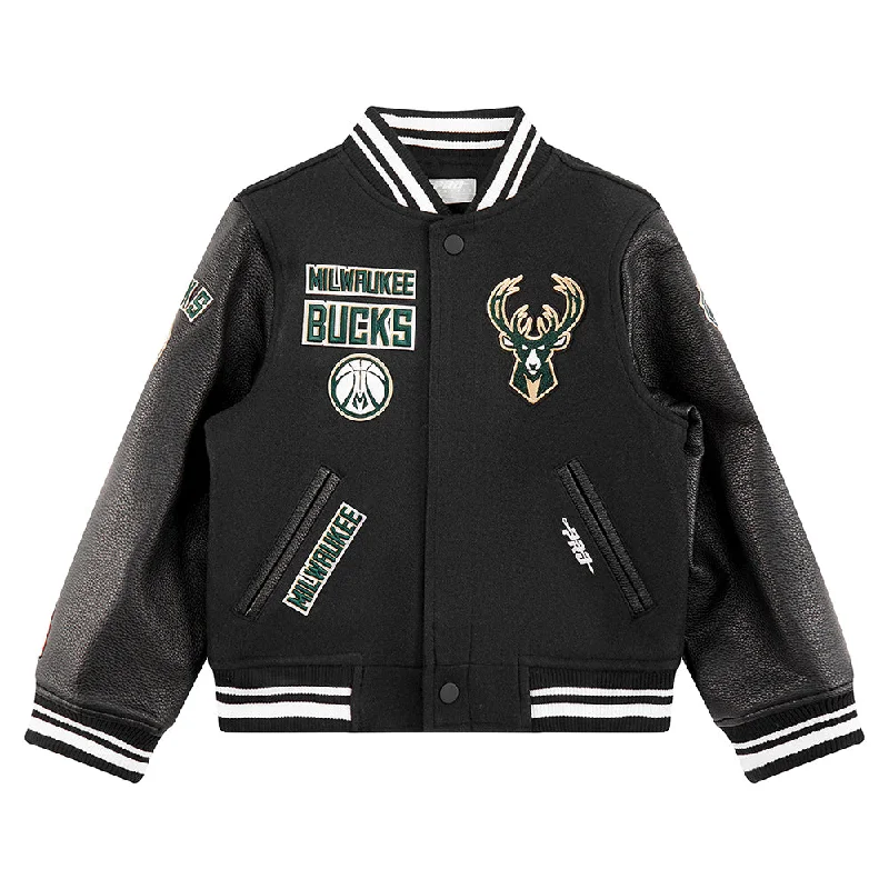 NBA MILWAUKEE BUCKS RETRO CLASSIC LITTLE BOYS RIB WOOL VARSITY JACKET (BLACK)