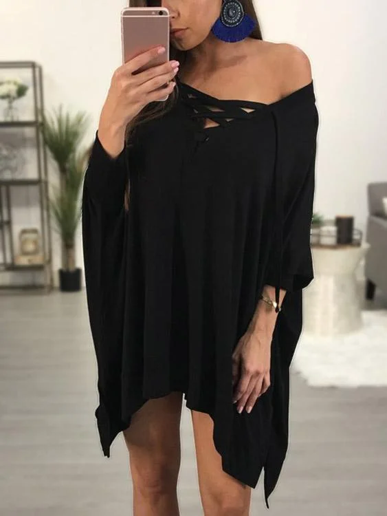 Wholesale Black Off The Shoulder 3/4 Length Sleeve Lace-Up Slit Hem Mini Dress