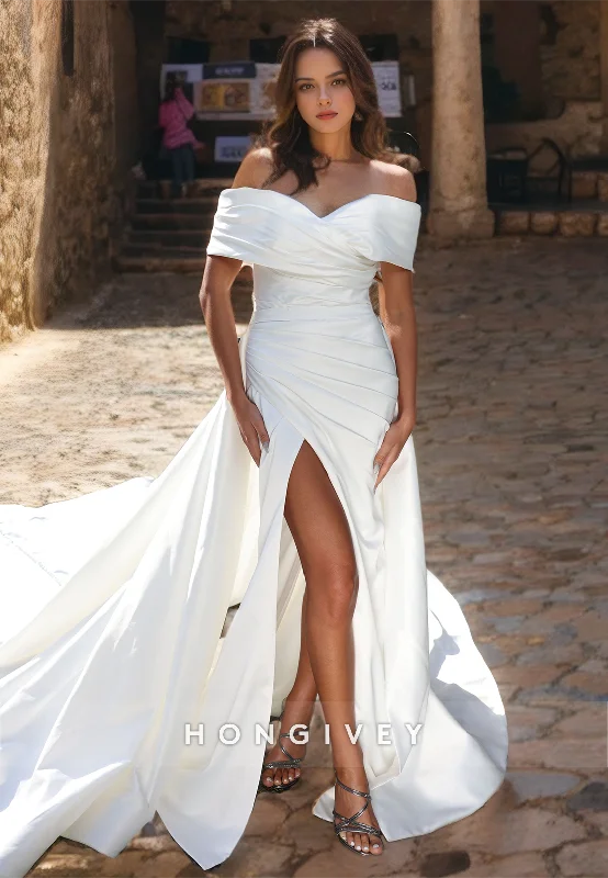 Elegant & Luxurious Satin Off-Shoulder Empire Ruched With Side Slit Train Wedding Dress