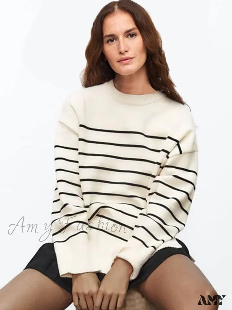 Beige Stripe Baggy Women Pullover Streetwear Long Sleeve Knitted Loose Sweater