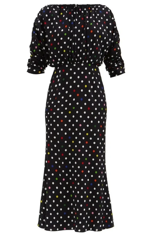 Rainbow Polka Dot Gathered Midi Dress