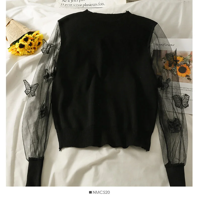 Mesh stitched three-dimensional butterfly long sleeve Pullover Sweater for women  2049