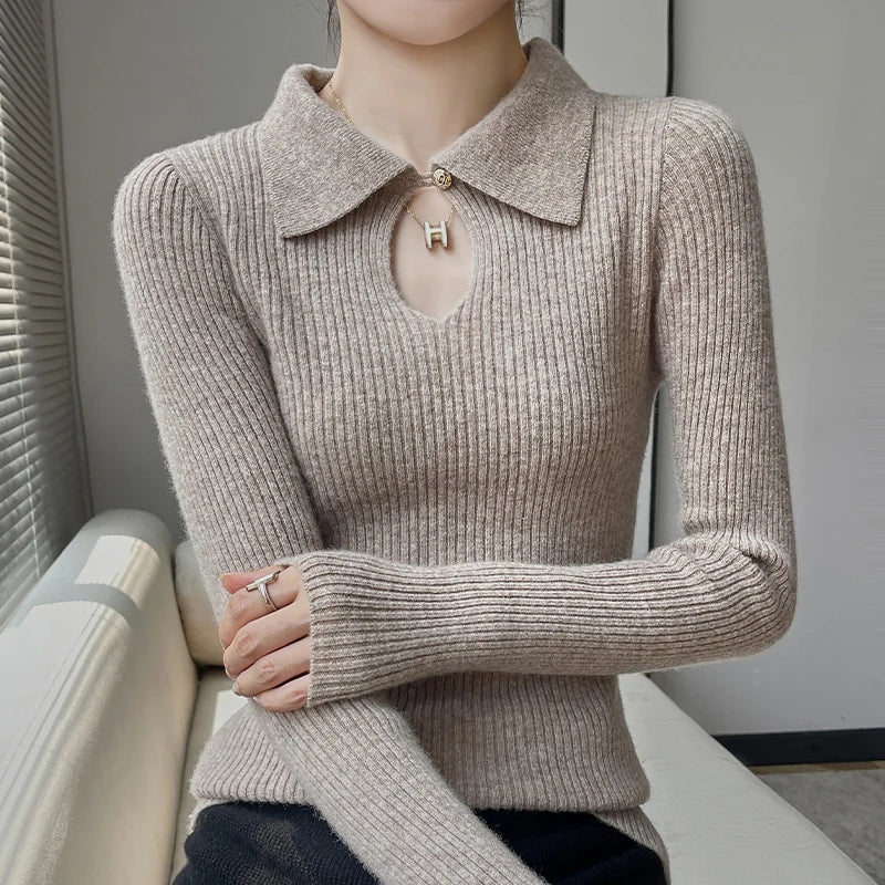 Autumn Winter New Women's Wool Polo Neck Solid Color Thick Slim Cashmere Sweater