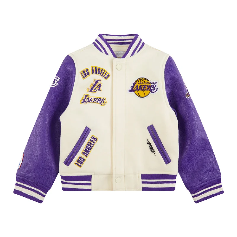 NBA LOS ANGELES LAKERS RETRO CLASSIC TODDLER BOYS RIB WOOL VARSITY JACKET (EGGSHELL/ PURPLE)