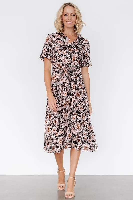 Feya Button Midi Dress | Black + Mauve Floral