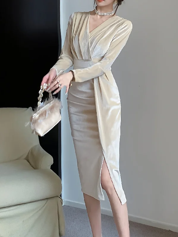 Sixsr Cocktail Velvet Dress, Long Sleeve Elegant Dress, Women's Clothing