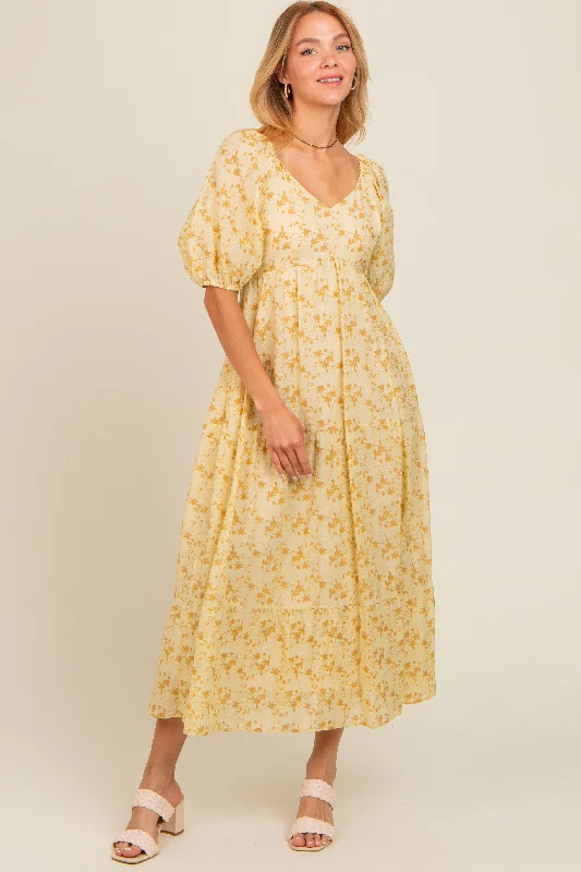 Yellow Floral V-Neck Tiered Midi Dress