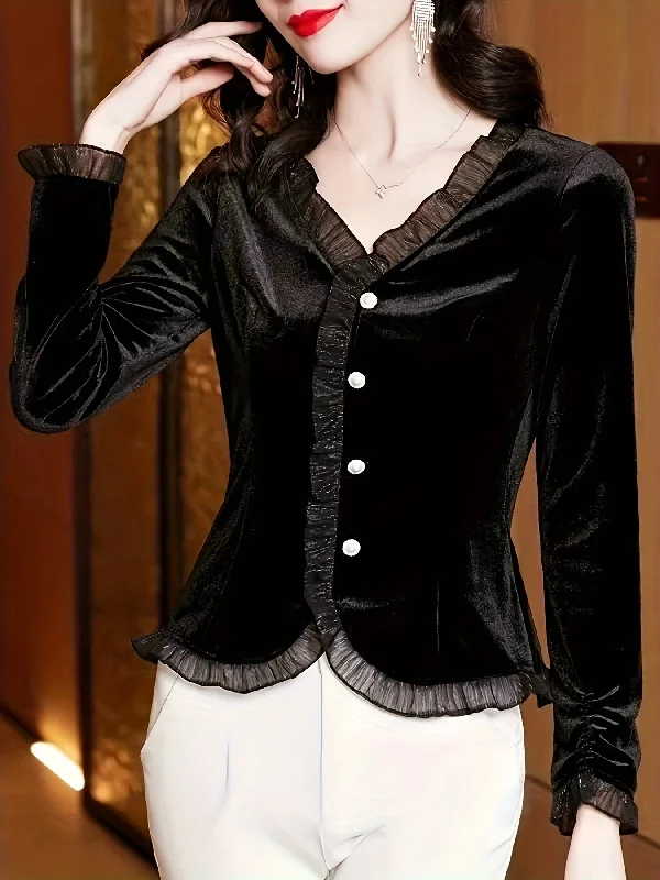 Sixsr Velvet Lace Contrast Trim Top, Button Front V Neck Long Sleeve T-shirt, Women's Clothing