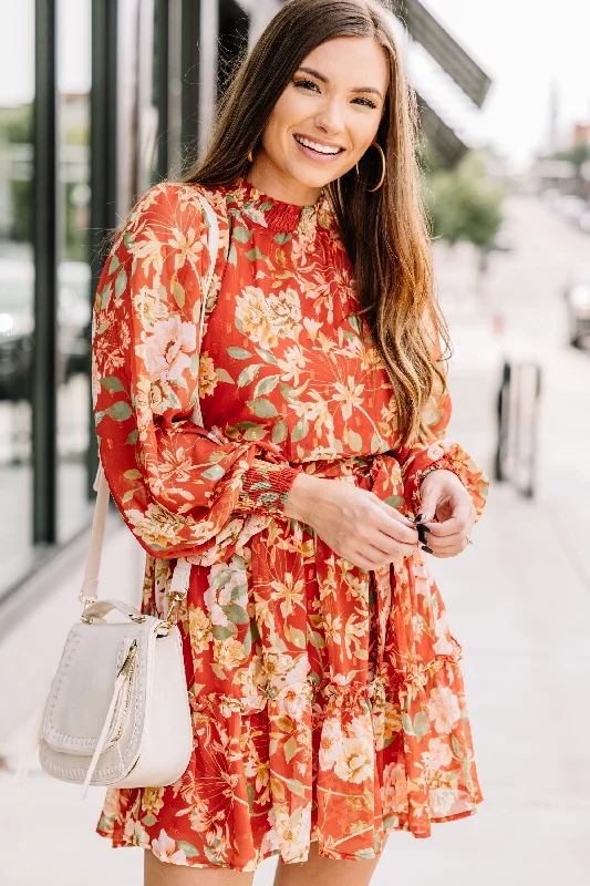 Now Or Never Rust Orange Floral Mini Dress