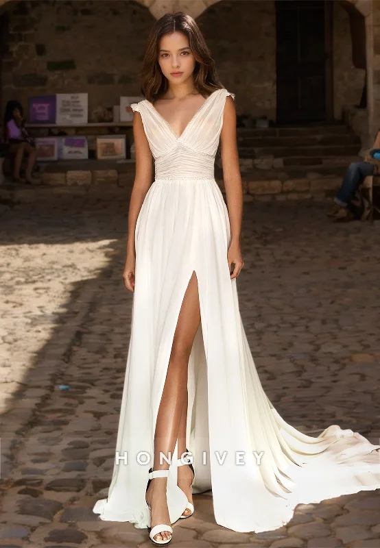 Sexy V-Neck Sleeveless Empire Ruched With Side Slit Train Wedding Dress