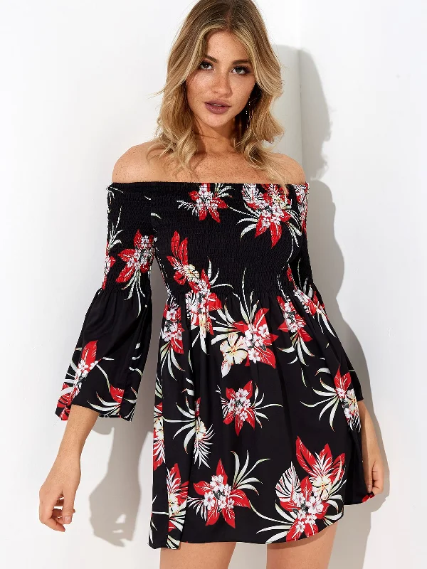 Wholesale Black Off The Shoulder 3/4 Length Sleeve Floral Print Mini Dress