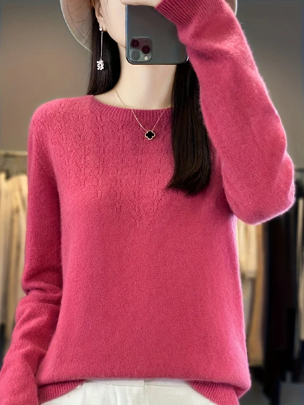 Sixsr Solid Crew Neck Wool Sweater, Casual Long Sleeve Cozy Basic Sweater, Women's Clothing