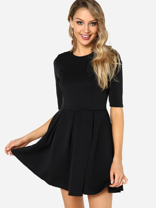 Wholesale Black Round Neck Half Sleeve Plain Ruffle Hem Mini Dress