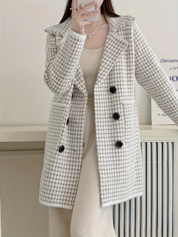 Sixsr Double Breasted Fuzzy Overcoat, Elegant Lapel Long Sleeve Warm Outerwear, Women's Clothing