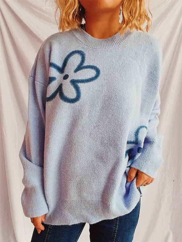 Flower Round Neck Long Sleeve Sweater