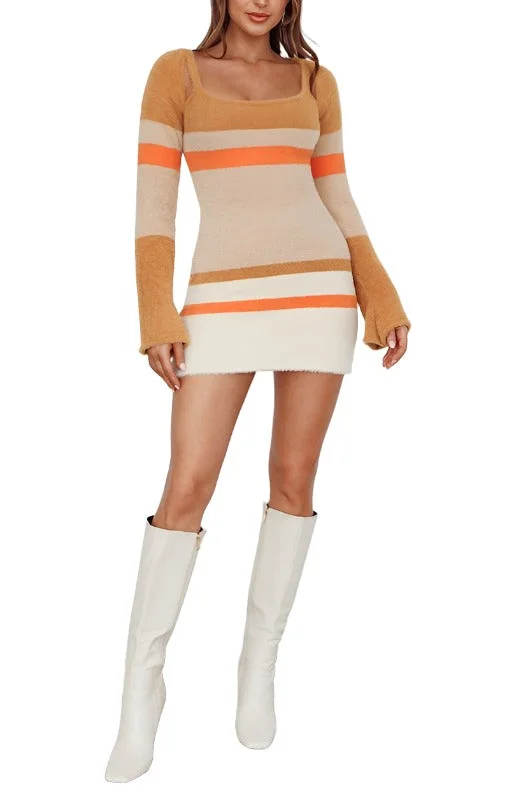 Fuzzy Knit Long Sleeved Multi Stripe Mini Dress